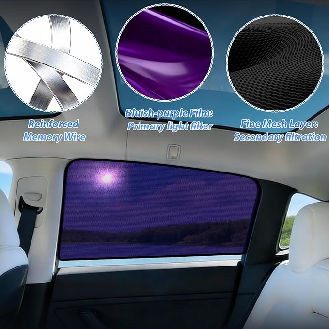 ZATOOTO Tesla Model Y Rear Car Window Shades | Bluish-Purple Static Cling Car Sun Shade | Enhanced Sun Filtering & Heat Reduction | Specific for Frameless Doors | Car Window Shade for Baby & Passenger