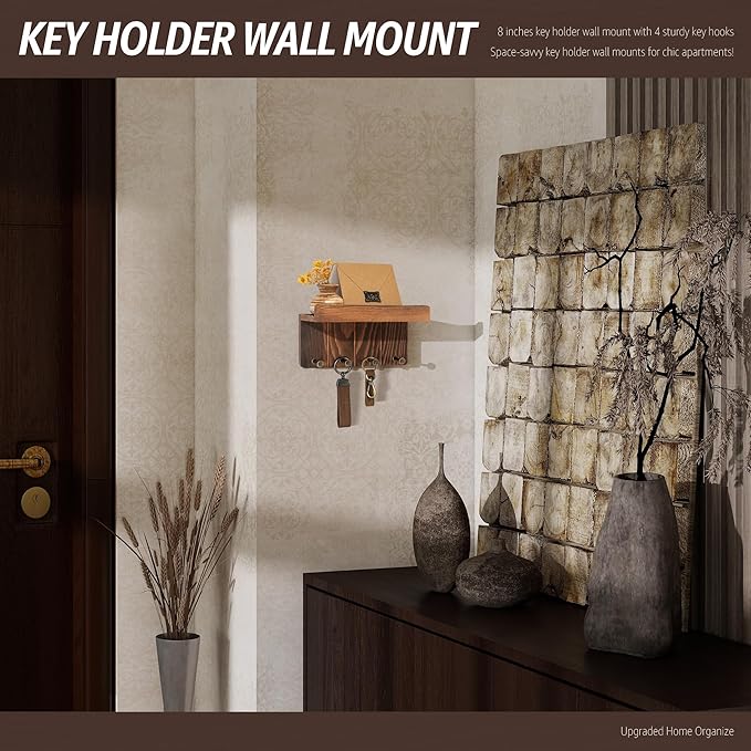 Rebee Vision Pine Wood Farmhouse Key Holder Wall Mount - Small Key Holder for Wall with 4 Hooks & Floating Shelf - Rustic Let