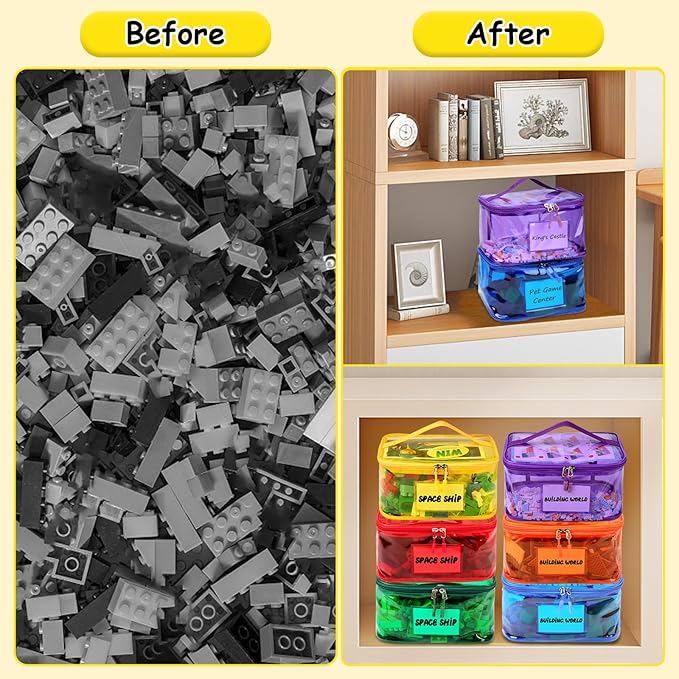 Tesuko 6 Pack Clear Toy Storage Bag with Name Tag& Manual Pocket, Waterproof Transparent PVC Toy Organizer Case for Lego Bric