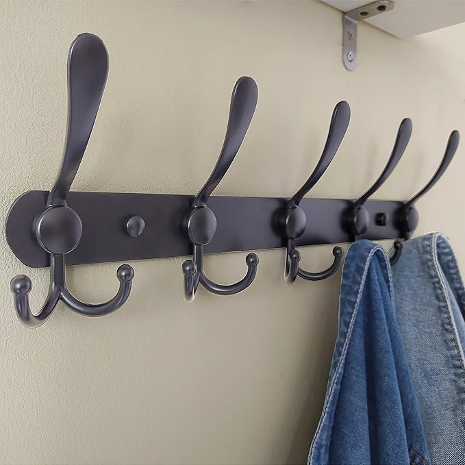 Dseap Coat Rack Wall Mounted - 5 Tri Hooks, Heavy Duty, Stainless Steel, Metal Coat Hook Rail for Coat Hat Towel Purse Robes 