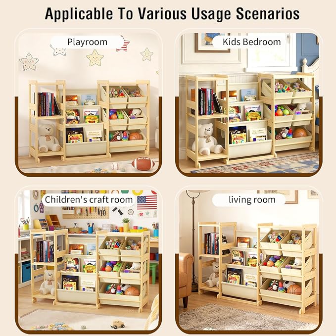 Kids Bookshelf and Toy Storage Organizer with 3-Tier Book Display and Shelves, Kids Toy Organizers and Storage with Bins, Boo