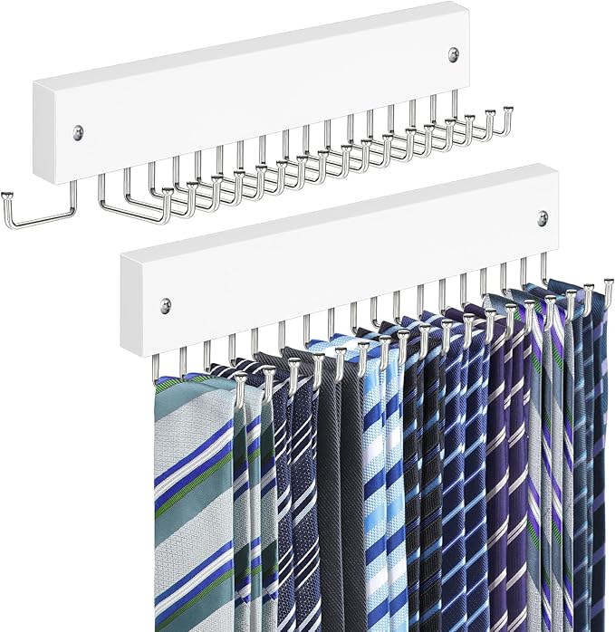 Tie Rack Belt Hanger Wall Mounted, Lomrsiul Non Slip 180 Degree Rotating Tie Organizer for Men Closet with 18 Hooks Closet Or