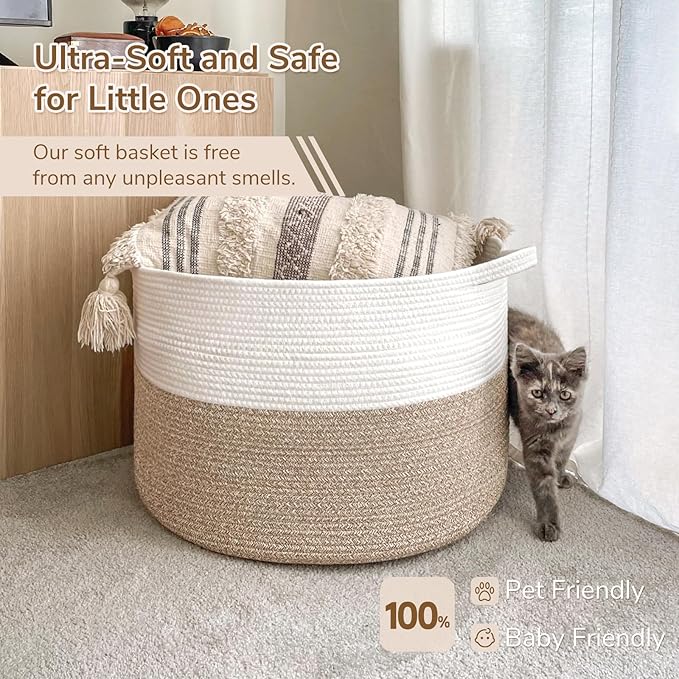 INDRESSME Large Laundry Basket, 21.7'' x 13.8'' Cotton Rope Blanket Basket Living Room Toy Baskets Storage Kids, Woven Basket