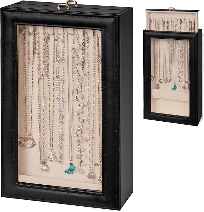 Necklace Organizer Box - 2-Layer Double-Sided Clear Lid Jewelry Storage Case, Anti-Tangle Necklaces Display Holder for Pendan