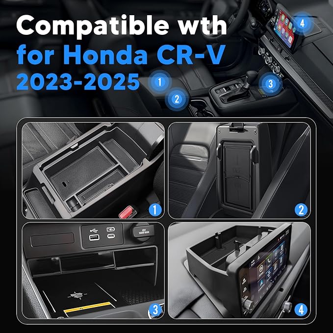 4PCS Center Console Organizer for Honda CR-V 2023-2026, Dashboard Storage Tray with Phone Holder Accessories Lower Center Console Organizer for CRV, Armrest Hidden Storage Interior with Anti-Slip Mats