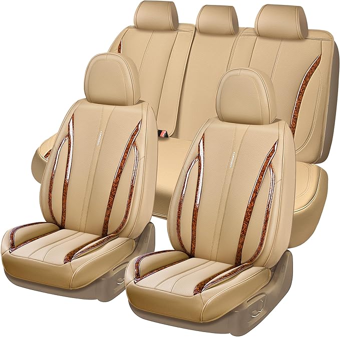 CAR PASS Beige Leather Car Seat Covers, Breathable Waterproof Nappa Automotive Seat Covers Full Set, Anti-Slip Driver Seat Cu