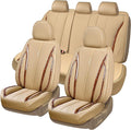 CAR PASS Beige Leather Car Seat Covers, Breathable Waterproof Nappa Automotive Seat Covers Full Set, Anti-Slip Driver Seat Cu