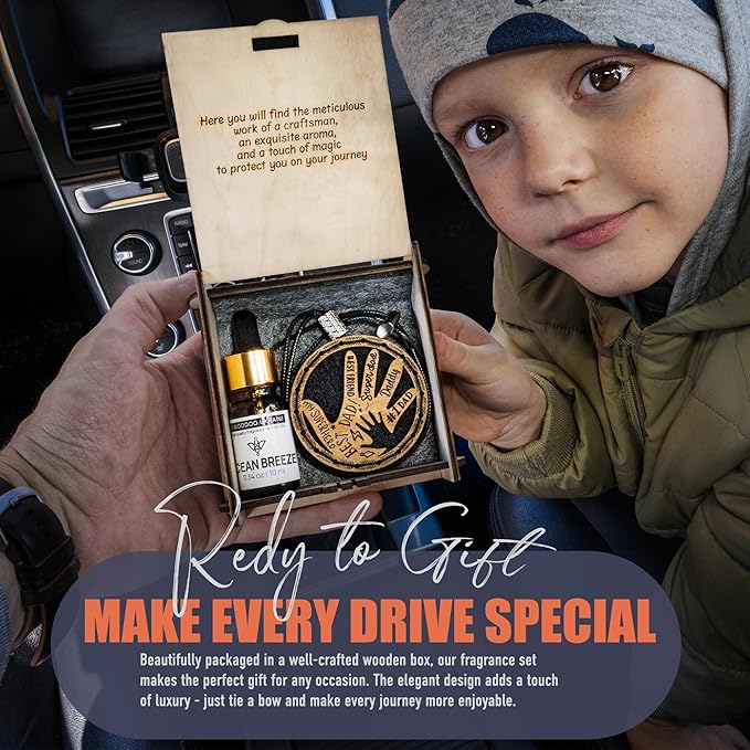 Handmade Wood Car Air Freshener — Father’s Hands Designed Refillable Essential Oil Diffuser — Long Lasting Ocean Breeze Fragr