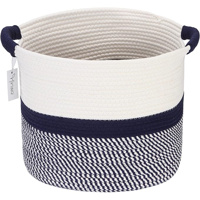 Hinwo Oval Cotton Rope Storage Basket Collapsible Nursery Storage Box Container Organizer with Handles, 16 x 13 inches, Off W