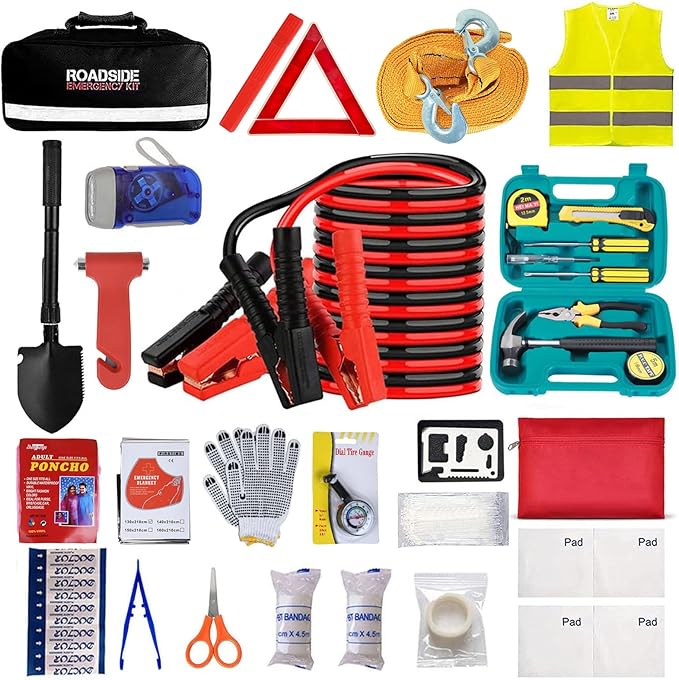 Car Emergency Roadside Tool Kit with Jumper Cable Shovel,Auto Truck Vehicle Assistant Safety Kit Bag for Men Women with First