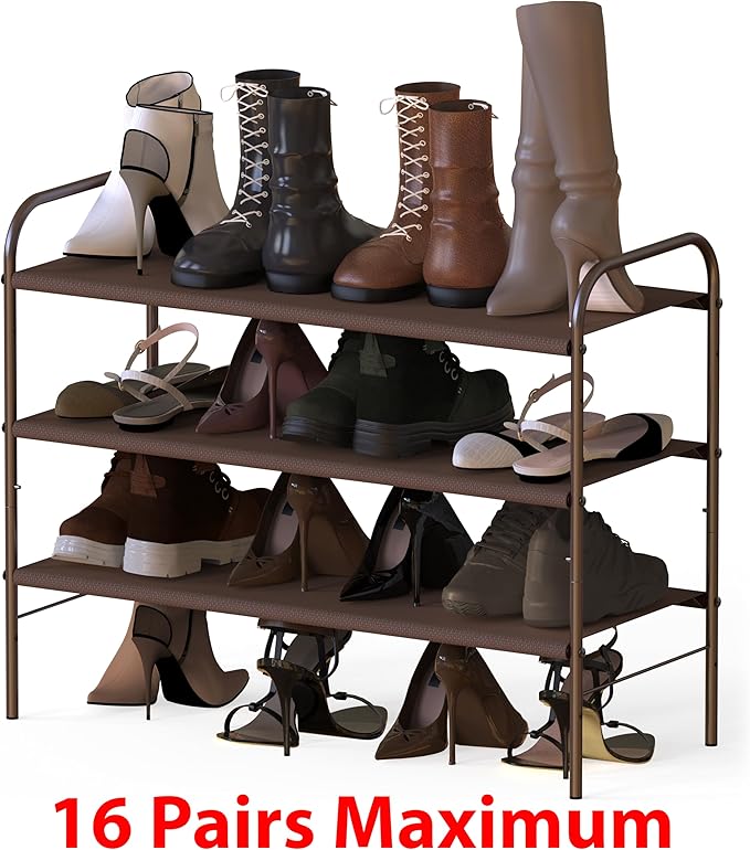 Simple Houseware 3-Tier Shoe Rack Storage Organizer, Bronze – Space-Saving Shoe Shelf, Holds 9–16 Pairs, Sturdy Metal Frame, 