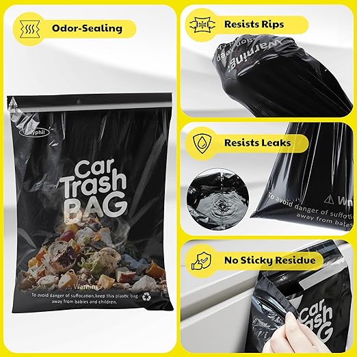 150 Bags Tidyphil Hanging Car Trash Bags Disposable, Leak-proof, Odor Seal. 2 Gallon Car Garbage Bags. Alternative to Car Trash Can, Easy Stick-On Car Garbage Can for Car,SUV,Truck, Vehicle, Stroller.