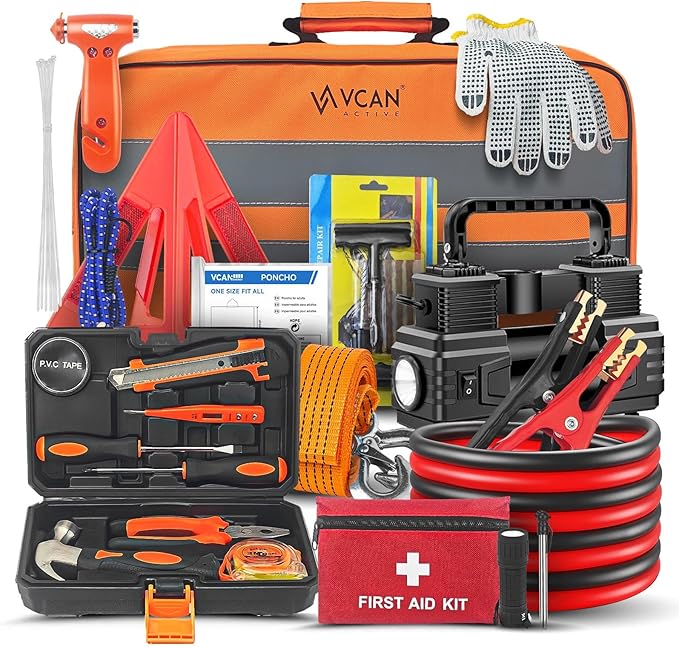 Car Emergency Kit with Portable Air Compressor, First Aid Kit, Jumper Cables, Roadside Safety Emergency Tool Kit for Women, M