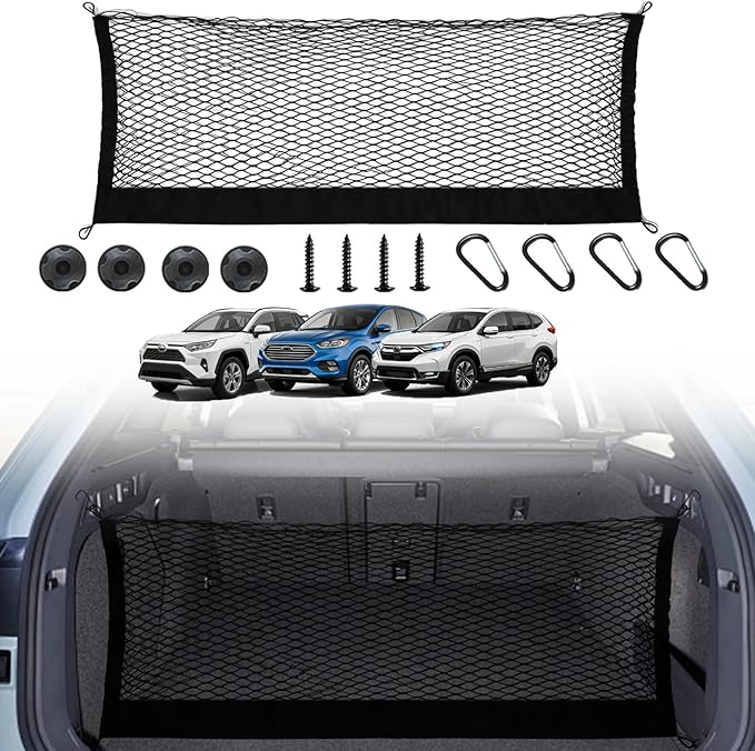 Heavy Duty Envelope Cargo Net, Stretchable Trunk Organizer with Metal Hooks, Adjustable Storage Net for SUV Car Compatible wi