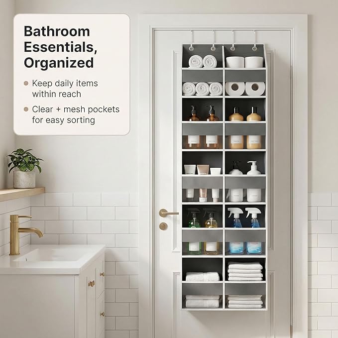 10-Pocket Over the Door Organizer with Heavy-Duty 600D Oxford Fabric, Upgraded Hooks with Silicone Protectors for Dorm, Close