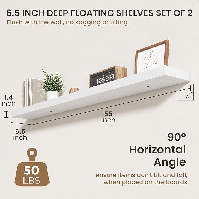 55 Inch Floating Shelves | 6.5 Inch Deep White Floating Shelves Set of 2 | 55" W x 6.5" D Rustic White Wood Wall Shelves with
