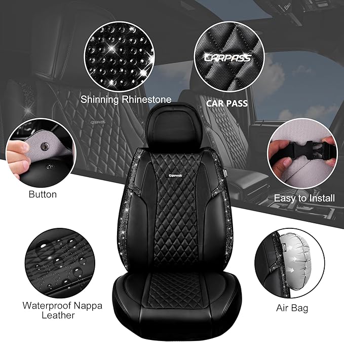CAR Pass Bling Car Seat Covers, Microfiber Nappa Leather Luxury Cushioned, Waterproof Heavy-Duty Anti-Slip Universal Fit for 