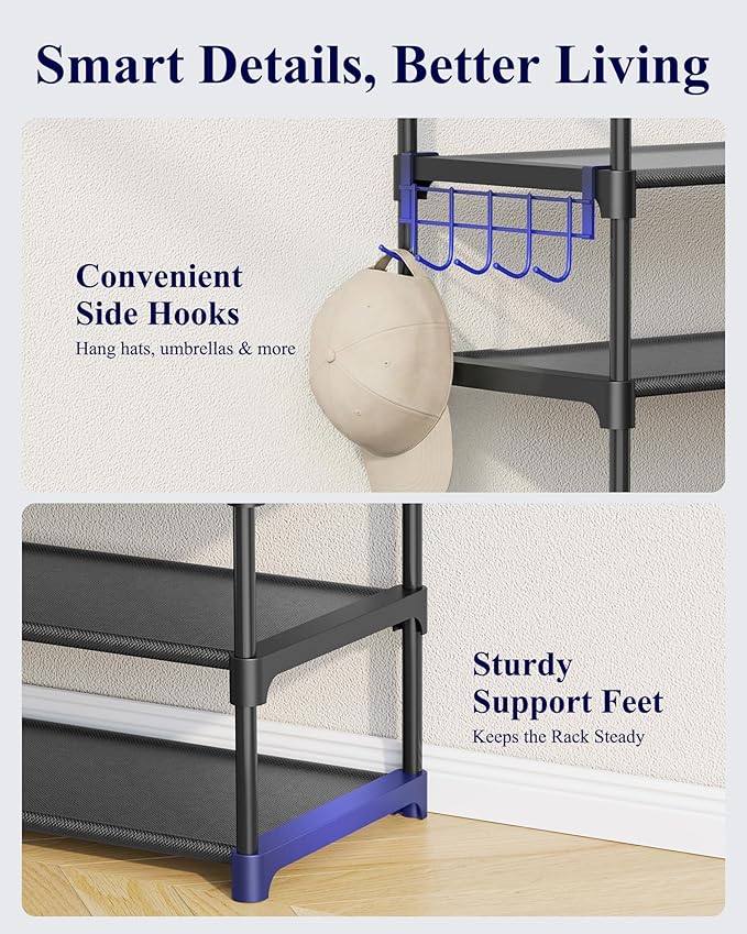 Kitsure Shoe Rack for Closet - 10-Tier Shoe Organizer with Hook Rack, Large-Capacity & Space-Saving Shoe Shelf for Entryway, 