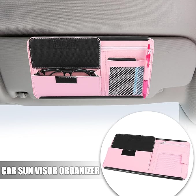 X AUTOHAUX Pink Universal Car Sun Visor Organizer Sunglasses Case Storage Pocket Hook and Loop Tape ABS PU Leather for SUV RV Truck