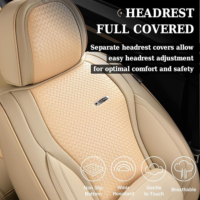 Coverado Car Seat Covers Full Set, Beige Seat Covers for Cars, Waterproof Nappa Leather Automotive Seat Covers with Lumbar He
