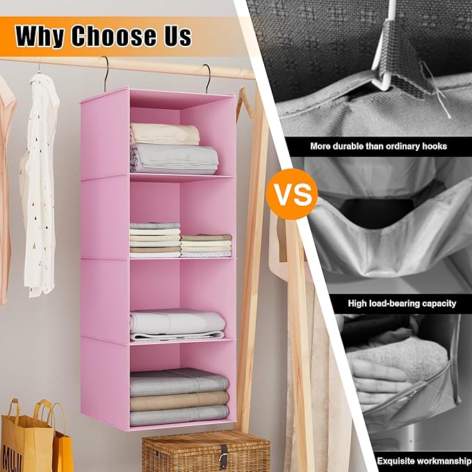 Hanging Closet Organizer, Easy Mount Foldable 4-Shelf Hanging Closet Wardrobe Storage Shelves, Clothes Handbag Shoes Accessor