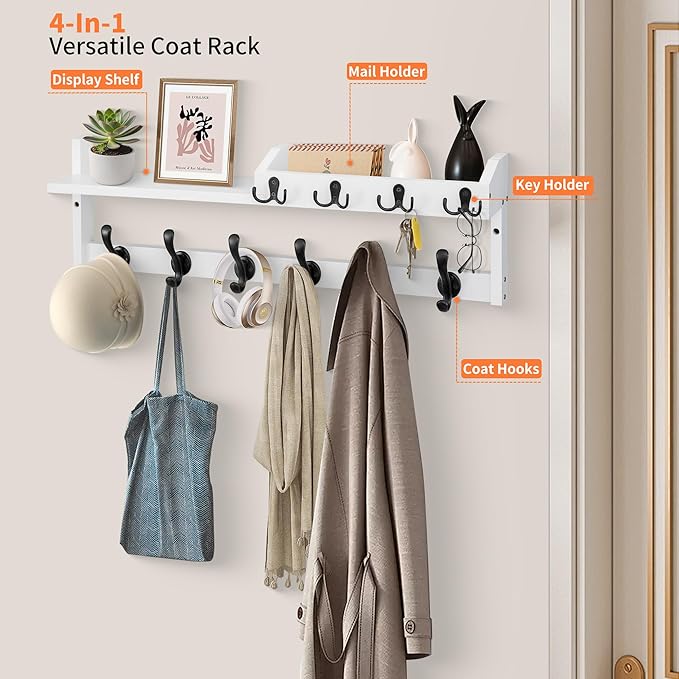 Coat Rack Wall Mount with Shelf, 27.5" Entryway Wall Hanging Shelf, Coat and Key Hanger with 10 Dual Hooks, Mail Organizer an