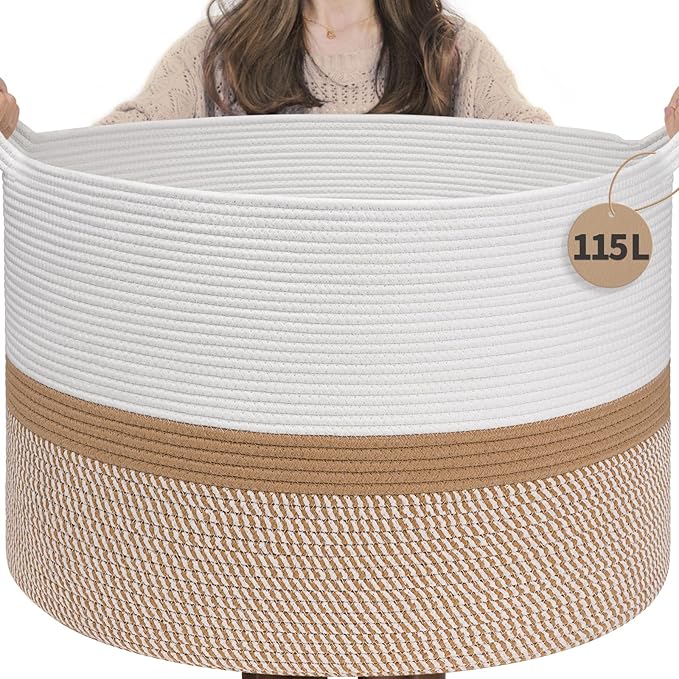 INDRESSME 115L Extra Large Cotton Rope Basket, Woven Baby laundry Blanket Basket for Home Decor Living Room Nursery, Toy Stor