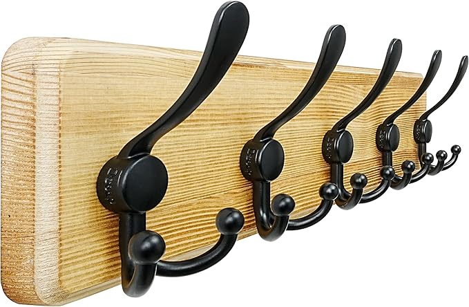Dseap Coat Rack Wall Mount - Heavy-Duty Robust Rustic Wooden Wall Coat Hanger Hook Rail with 5 Triple Hooks for Winter Jacket