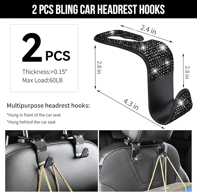 CAR PASS 30 PCS Bling Diamond Car Accessories Set for Women, Bling Steering Wheel Covers 15 Inch, Shining Rhinestone License Plate Frame, Sparkly Phone Holder, Cute Interior Set Decorations, Black