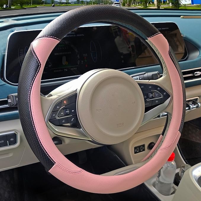 Fashion Cat Ear Leather Steering Wheel Cover Women Girl 15"(38cm) Universal Fit Auto D Shaped Leather Steering Wheel Covers (