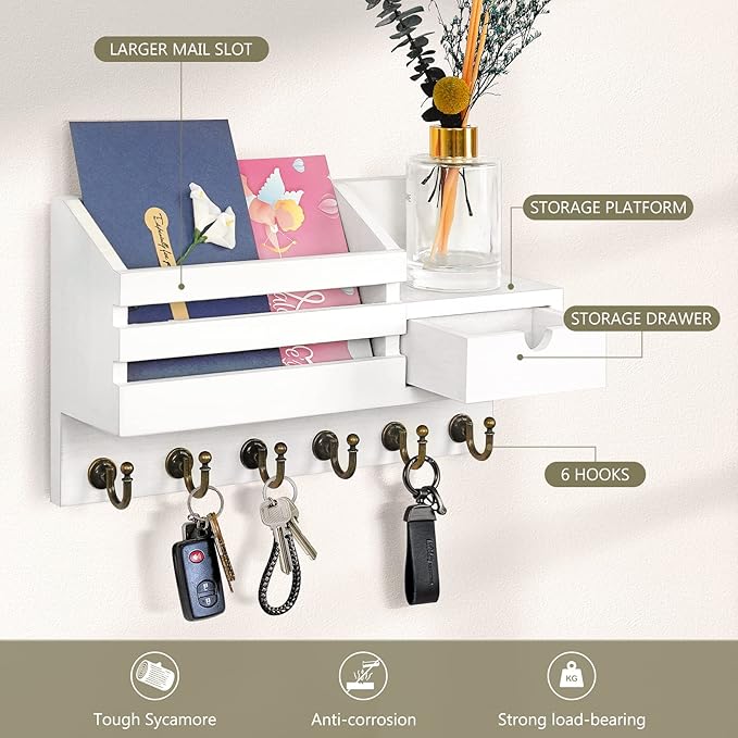 FifthQuarter Key Holder Wall Mount: Key and Mail Holder for Wall with 6 Hooks and Storage Drawer, Easy Installation Key Rack 