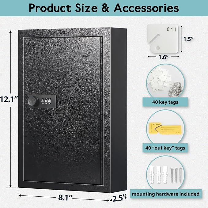 KYODOLED Locking Key Cabinet, 40 Key Storage Lock Box with Code, Key Box Wall Mount with Combination Lock, Key Hooks & Tags L