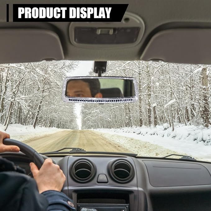 ZIMISI Bling Car Rear View Mirror, 10.51 Inch HD Glass Wide Angle Rearview Mirrors, Clip-on Crystal Diamond Panoramic Rear View Mirror Accessories, Bling Car Decorations for Women (Silver)