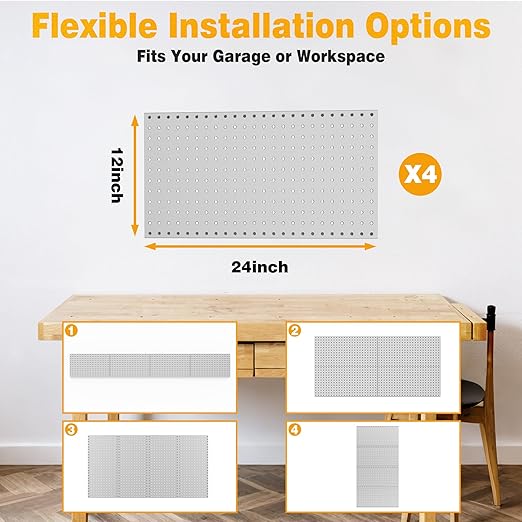 Pegboard Smith Metal Pegboard Panels 12" x 24", 4 Pack Grey Wall Mounted Tool Organizer Boards, Heavy Duty Tool Storage Peg B
