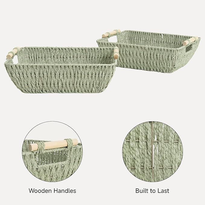 StorageWorks Extra Large Wicker Storage Basket for Organizing with Wooden Handles, Toilet Paper Baskets for Shelf, Bosana Gre
