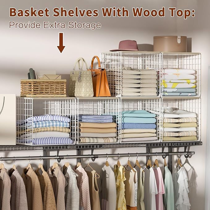 4 Pack Closet Organizers and Storage with Wood Top, Stackable Closet Shelf Organizer, Double Storage Design, Clothes Storage 