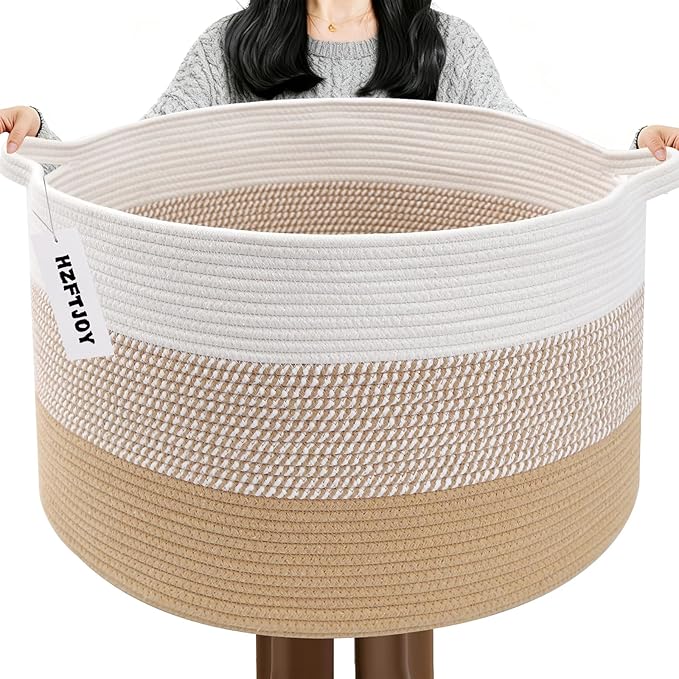 65L Large Blanket Basket, 19.7" L x 19.7" W x 13" H Cotton Rope Woven Storage Basket,Laundry Hamper for Toys, Clothes, Pillow