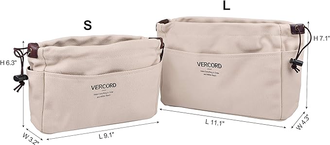 Vercord Canvas Handbag Organizers, Sturdy Purse Insert Organizer Bag in Bag, 10 Pockets Beige Small