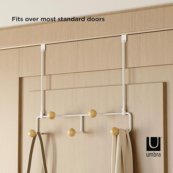 Umbra Estique Over The Door Coat Rack & Multi-Use Organizer, for Coats, Bags, Hats & More, Small, White/Natural