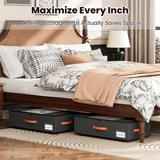 2-Pack Under Bed Storage Bins with Wheels and 6 Vacuum Seal Bags, Heavy Duty 80lbs Capacity, 65L Clear Lid Organizer for Dorm