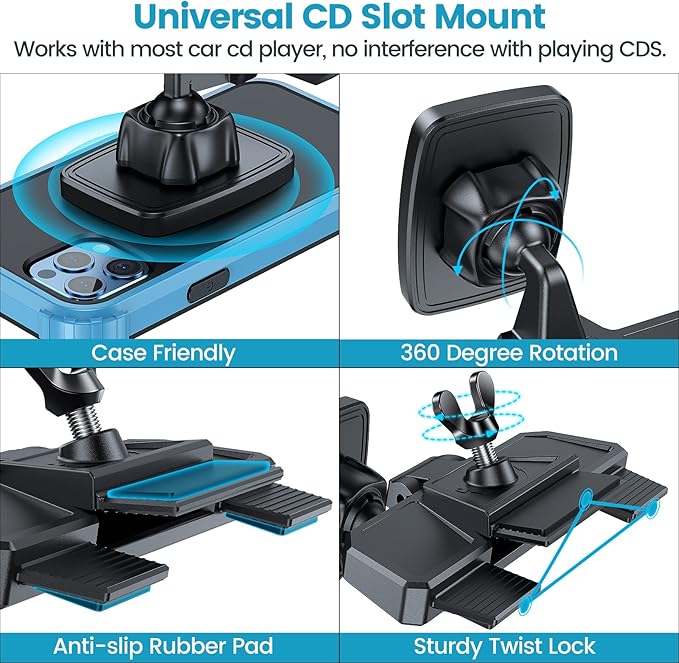 APPS2Car Magnetic CD Phone Holder for Car, Anti Shake Magnet CD Slot Phone Mount, Car Truck Accessories, Compatible with iPhone, Samsung & All Cellphones, for Smartphone Mobile(Metal Plate Required)