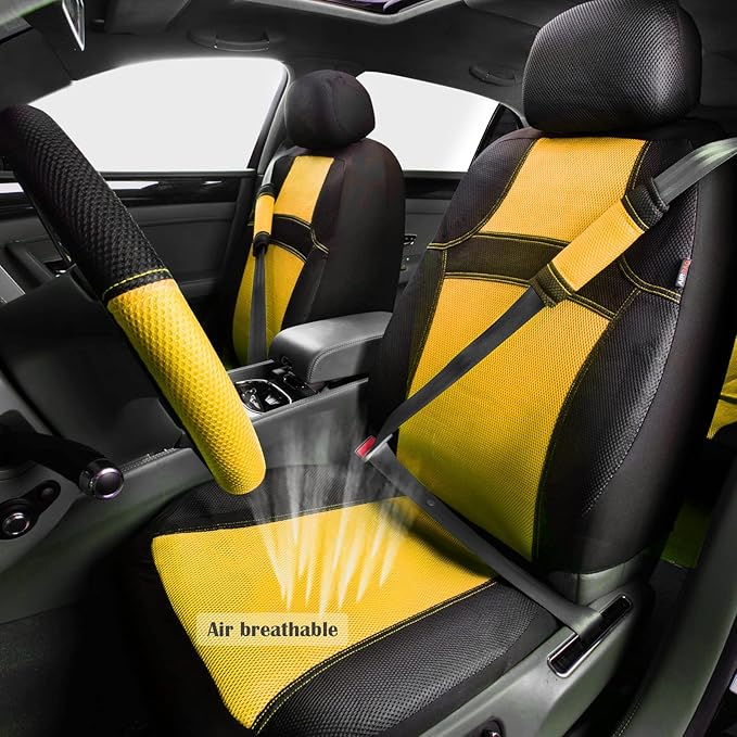 CAR PASS Universal 13PCS 3D Air Mesh-100% Breathable Seat Covers Full Sets Steering Wheel&Belt Cover Airbag and Rear Split Bench Compatible for 90% Automotive SUV Truck Cute Women Black Yellow