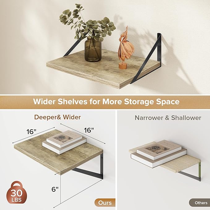 Deep Floating Shelves Wall Mounted, 16"x12" Gray Wall Shelves with Brackets Set of 2 for Bedroom, Living Room, Bathroom, Kitc