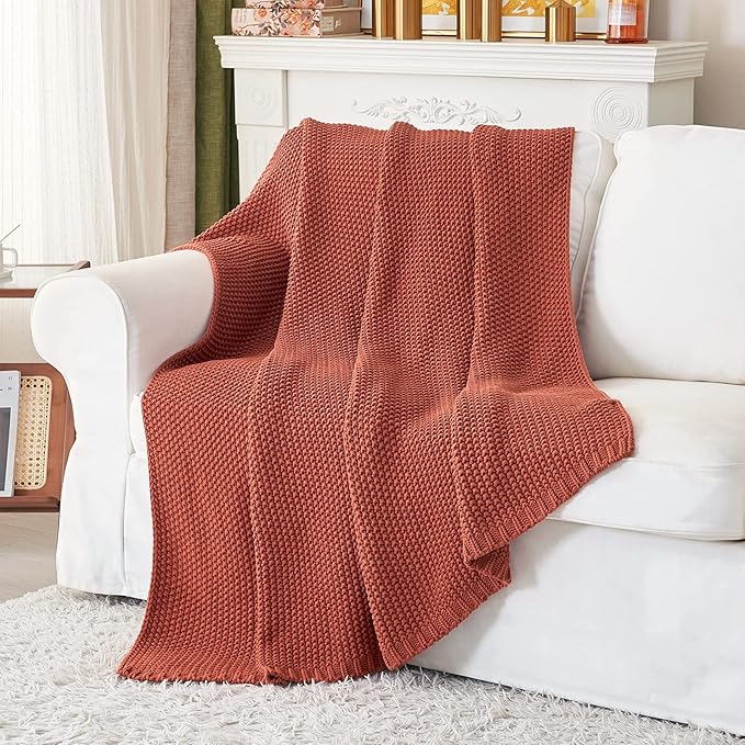 Chunky Cable Knit Throw Blanket Lightweight Rust 100% Organic Cotton Blanket for Sofa Couch Bed Baby Nursery, Rustic Shabby C