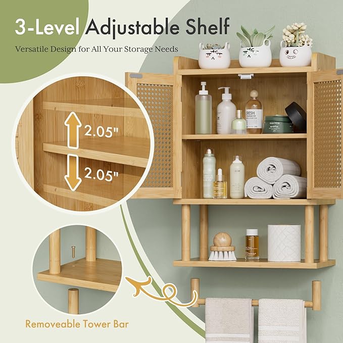 AmazerBath Bathroom Wall Cabinets, Bamboo Medicine Cabinet with Rattan Door, Over The Toilet Storage Cabinet with Towel Bar, 