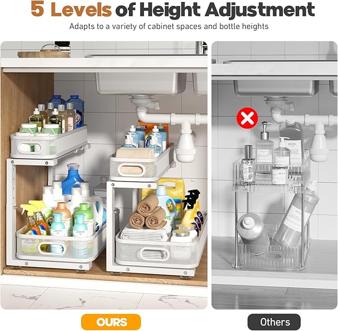 2 Pack 17.3IN-Depth Under Sink Organizer with Smooth Cylindrical Rail,2-Tier Pull Out Multi-Purpose Cabinet Storage for Bathr