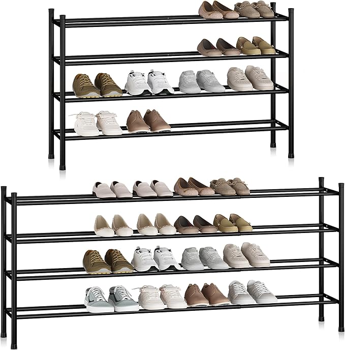 STORAGE MANIAC Long Expandable Shoe Rack, 24 Pairs Metal Wide Stackable Shoe Rack, Adjustable Shoes Shelf, Freestanding Shoes