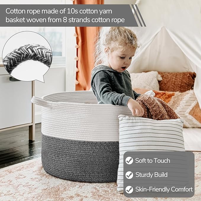 INDRESSME XXXLarge Cotton Rope Basket 21.7" x 21.7" x 13.8" Woven Baby Laundry Baskets Blanket Basket Toy Baskets with Handle