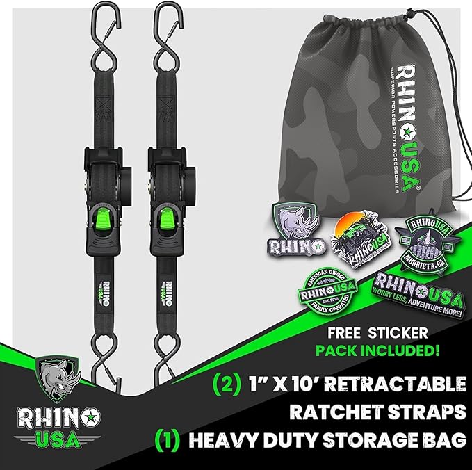 Rhino USA Retractable Ratchet Straps (2-Pack) - 1 Inch x 10 Feet (1,209lb Break Strength) - Auto Self Retracting Tie Down Straps for Truck, Cargo Trailer, Motorcycle, ATV, UTV - Black