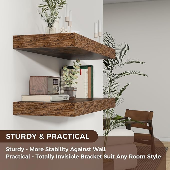 Floating Shelves for Wall, 30" W x 12" D x 2" H, 2 Pack of Long Wall Mounted Engineered Wood Shelves with Invisible Brackets 